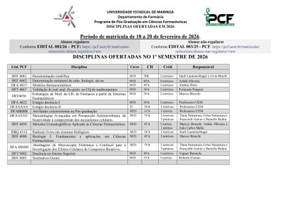 Disciplinas ofertadas no PRIMEIRO SEMESTRE